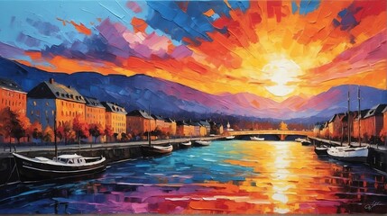 Sunset in oslo norway theme oil pallet knife paint painting on canvas with large brush strokes modern art illustration abstract from Generative AI - obrazy, fototapety, plakaty