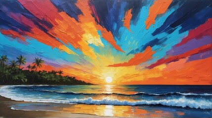sunset in puerto rico theme oil pallet knife paint painting on canvas with large brush strokes modern art illustration abstract from Generative AI - obrazy, fototapety, plakaty