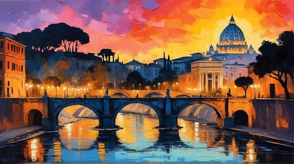 sunset in Rome Italy theme oil pallet knife paint painting on canvas with large brush strokes modern art illustration abstract from Generative AI - obrazy, fototapety, plakaty