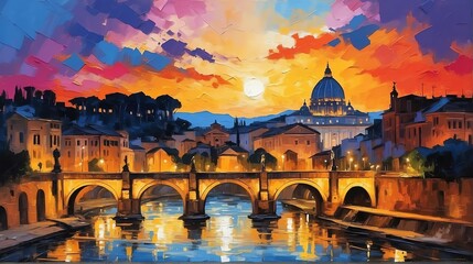 sunset in Rome Italy theme oil pallet knife paint painting on canvas with large brush strokes modern art illustration abstract from Generative AI