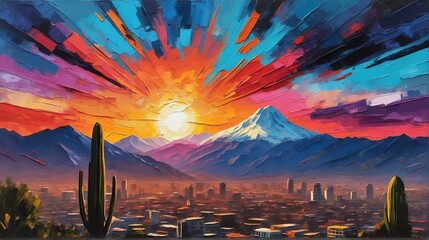Sunset in santiago chile theme oil pallet knife paint painting on canvas with large brush strokes modern art illustration abstract from Generative AI - obrazy, fototapety, plakaty
