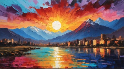 Sunset in santiago chile theme oil pallet knife paint painting on canvas with large brush strokes modern art illustration abstract from Generative AI - obrazy, fototapety, plakaty
