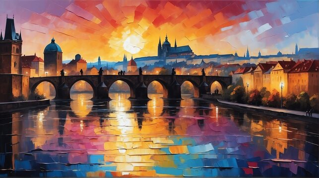 sunset in Prague Czech Republic theme oil pallet knife paint painting on canvas with large brush strokes modern art illustration from Generative AI