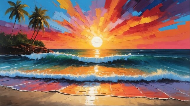 sunset in puerto rico theme oil pallet knife paint painting on canvas with large brush strokes modern art illustration abstract from Generative AI