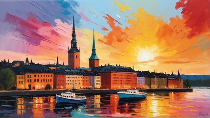 Sunset in stockholm sweden theme oil pallet knife paint painting on canvas with large brush strokes modern art illustration abstract from Generative AI - obrazy, fototapety, plakaty