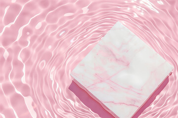 Flat lay of empty marble square podium on transparent water with waves. Pastel pink background. Product presentation concept