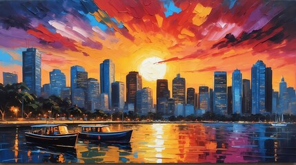 sunset in Sydney Australia theme oil pallet knife paint painting on canvas with large brush strokes modern art illustration from Generative AI - obrazy, fototapety, plakaty