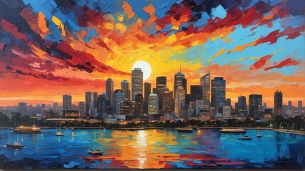 sunset in Sydney Australia theme oil pallet knife paint painting on canvas with large brush strokes modern art illustration from Generative AI - obrazy, fototapety, plakaty