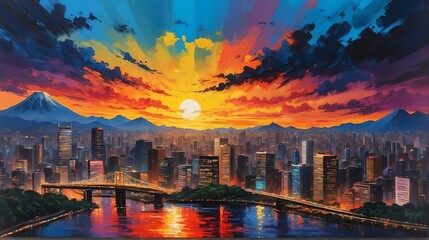 sunset in Tokyo Japan theme oil pallet knife paint painting on canvas with large brush strokes modern art illustration abstract from Generative AI - obrazy, fototapety, plakaty