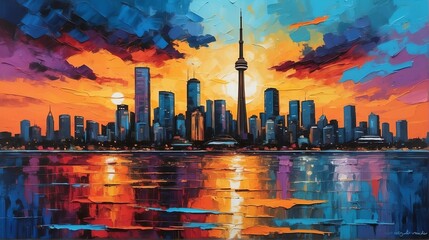 sunset in Toronto Canada theme oil pallet knife paint painting on canvas with large brush strokes modern art illustration from Generative AI - obrazy, fototapety, plakaty