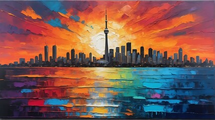 sunset in Toronto Canada theme oil pallet knife paint painting on canvas with large brush strokes modern art illustration from Generative AI - obrazy, fototapety, plakaty