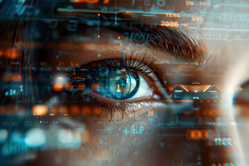 Close-up of a human eye with a superimposed digital interface. 