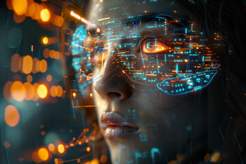 Woman with cybernetic interface graphics overlay. 