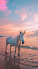 Obraz na płótnie Canvas Playful unicorn, sandy shores of Thailand, sunset, eye-level shot, pastel storybook feel