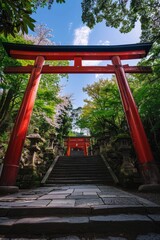 a red archway with a staircase leading up to a stone walkway