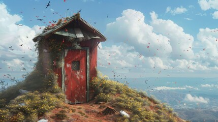a red shed on a hill with birds flying in the sky - obrazy, fototapety, plakaty