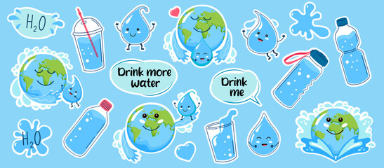 Water big stickers set. Planet Earth, water drop characters, bottle. Sticker pack. - obrazy, fototapety, plakaty