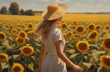 晴天に満開のひまわり畑を歩く女性、ブロンドの髪が麦わら帽子の下からなびいている、ワンピースを着て颯爽と歩いている - obrazy, fototapety, plakaty