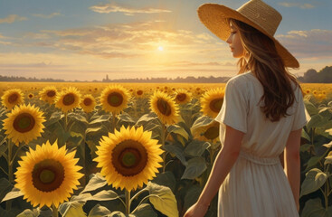夕日が美しいひまわり畑でたたずむ女性、麦わら帽子をかぶった横顔が清楚なイメージ、ブロンドの髪がなびいている