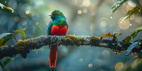 Male of resplendent quetzal (Pharomachrus mocinno) sits on the tree branch in the forest of Monteverde National Park. generative ai - obrazy, fototapety, plakaty