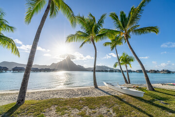 Sunset view on the beach with Mount Otemanu in the background, Bora Bora, French Polynesia