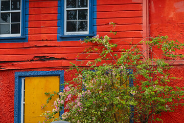 A brightly colored house with red siding and yellow door in Nassau