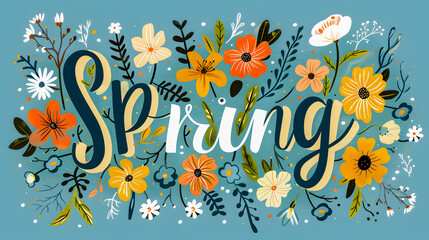 Fototapeta na wymiar A spring logo that captures the essence of the season with a fresh explosion of flowers on a serene blue background.