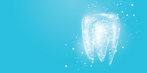 Tooth. Abstract wireframe low poly style banner. Dentistry services, teeth treatment, dental care, stomatology concept. Blue background. Vector illustration
