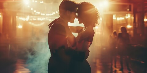 A couple dancing together in a dimly lit room. 
