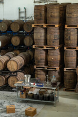 Old barrels at a distillery