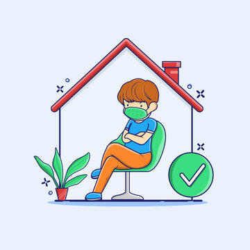 Boy infected by virus and stay at home cartoon vector illustration. Self quarantine concept