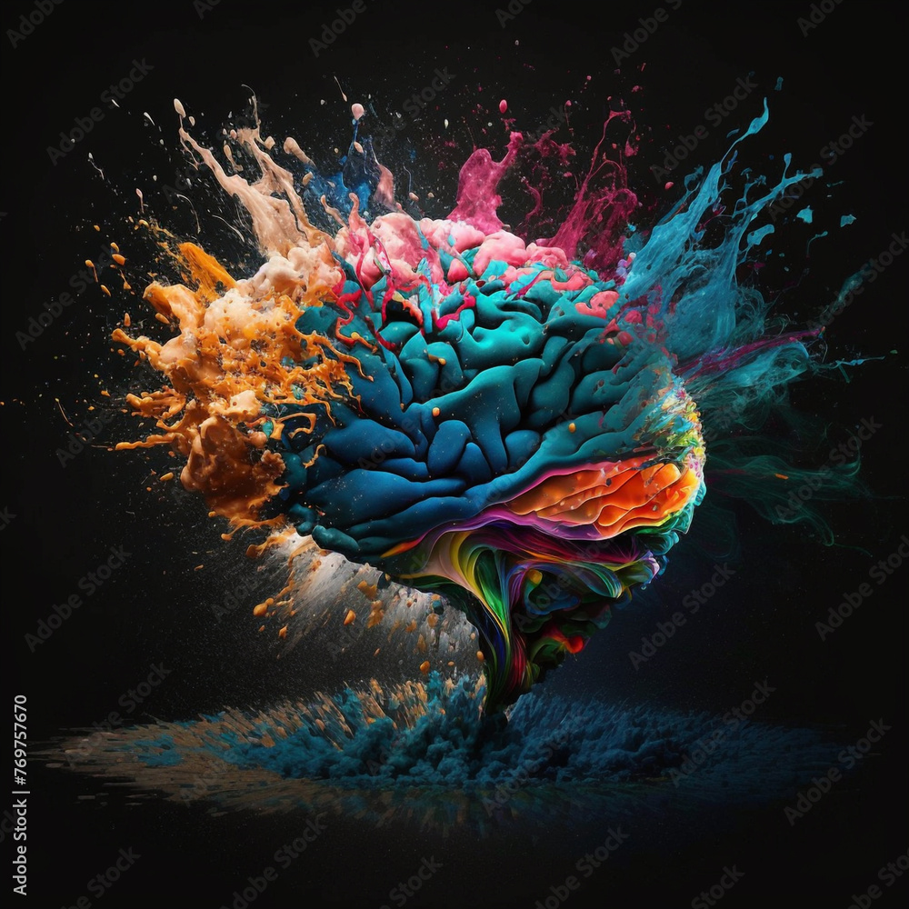 Poster an imaginative conceptual image featuring a brain emerging from the pages of a book, symbolizing kno