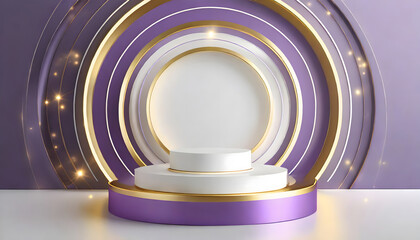 Realistic purple and white 3D cylinder pedestal podium with glowing neon round circle backgrond. Generative AI.