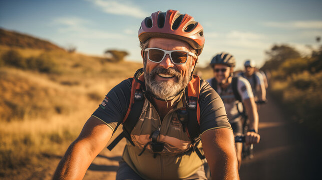 Senior man leading a group of cyclists on a dirt trail. Adventure and fitness concept.