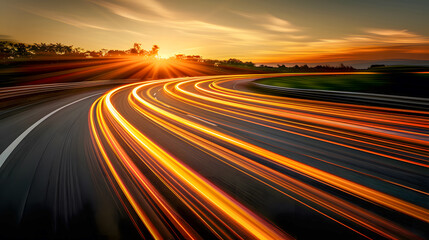 Long exposure of traffic lights on curvy road at sunset. - obrazy, fototapety, plakaty