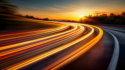 Long exposure of traffic lights on curvy road at sunset. - obrazy, fototapety, plakaty