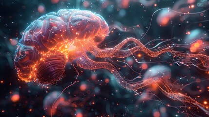 Fototapeta premium Digital illustration of a neuron with glowing connections, representing neural activity and brain function in vivid detail