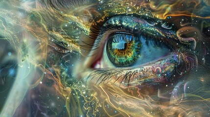 A vivid close-up of a human eye undergoing a digital metamorphosis with swirls of psychedelic color and pattern overlays, evoking a sense of deep introspection and digital consciousness - obrazy, fototapety, plakaty