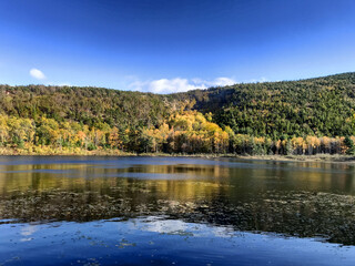 View of autumn colored trees on the shore of Beaver Damn Pond near Bar Harbor, Maine