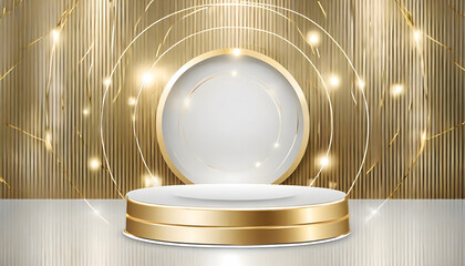 Realistic white, golden 3D cylinder pedestal podium with glowing circle neon background. Generative...