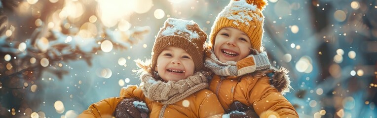 Joyful Winter Stroll: A Mother and Her Children Enjoying Quality Time Outdoors - obrazy, fototapety, plakaty