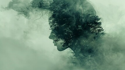 Surreal abstract background with a horror twist, featuring a double exposure of human form entwined with eerie natural scenery, invoking a sense of dread - obrazy, fototapety, plakaty