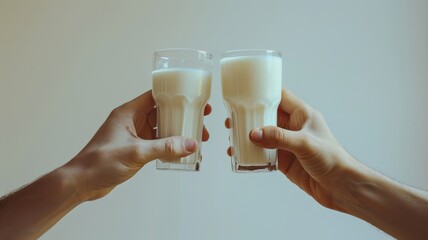 World Milk Day, Shot of two hands clinking milk glasses.