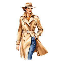 Fototapeta premium A woman wearing a classic trench coat in neautral camel hue color, a waist belt, and a hat, beige brown color, water color illustration, woman walking, clipart, for scrapbook, clothing fashion, cutout