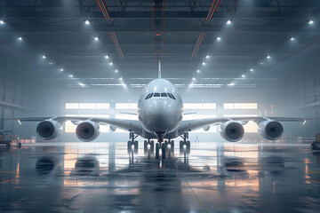 Fototapeta premium Passenger wide body double decker aircraft after maintenance repair in airport hangar, ready to fly
