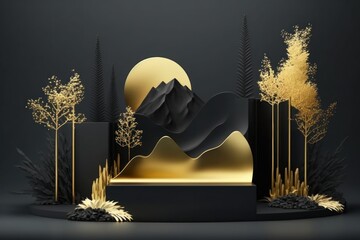 Black and Gold Landscape With Trees and Mountains