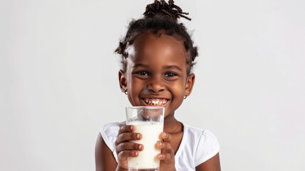 World Milk Day, 5 year old African girl sits smiling holding a glass of healthy milk.