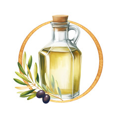 Olive bottle illustration with olive branch.