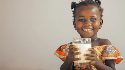 World Milk Day, 5 year old African girl sits smiling holding a glass of healthy milk.