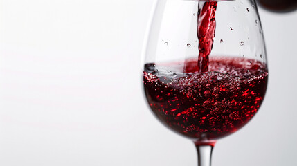 Pouring red wine into a glass with splashes on a white background.